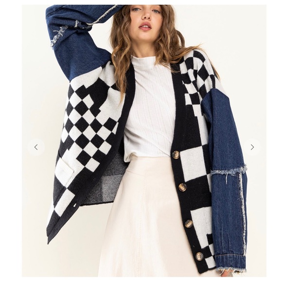 43 Checkerboard & Denim Button Up Cardigan - Picture 1 of 5
